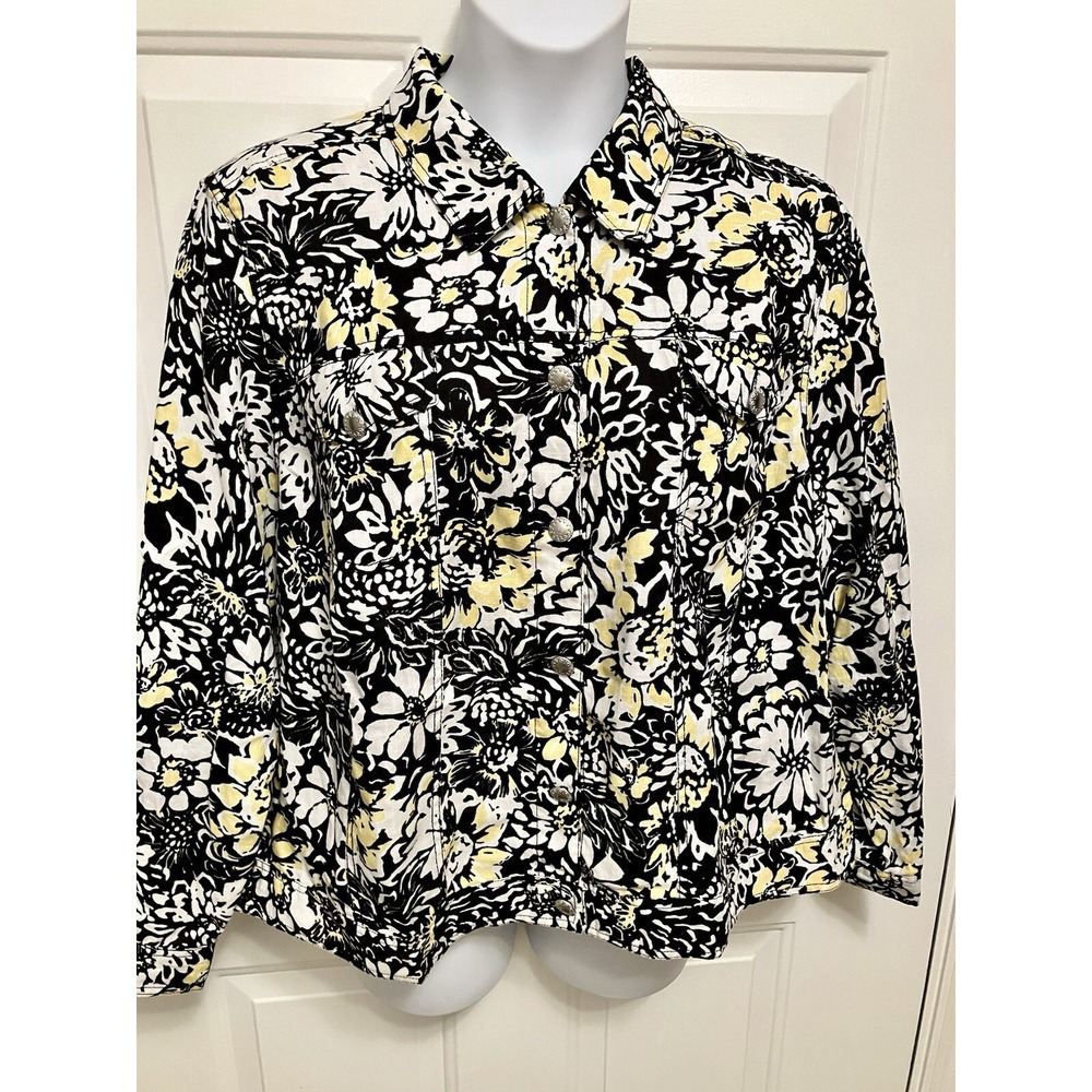 Lucy & Laurel Jacket Womens 3X  Black White Shirt‎ Floral Button Up 100% Linen